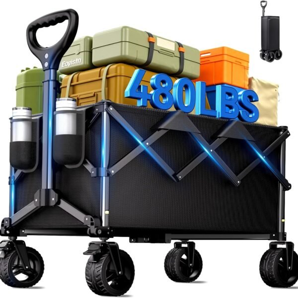 Collapsible Wagon Cart with Universal Wheels. 480LBS Wagons Carts Heavy Duty Collapsible Wagon with Cup Holders. Utility Beach Carts for Camping. Garden. Shopping. Fishing. Sports